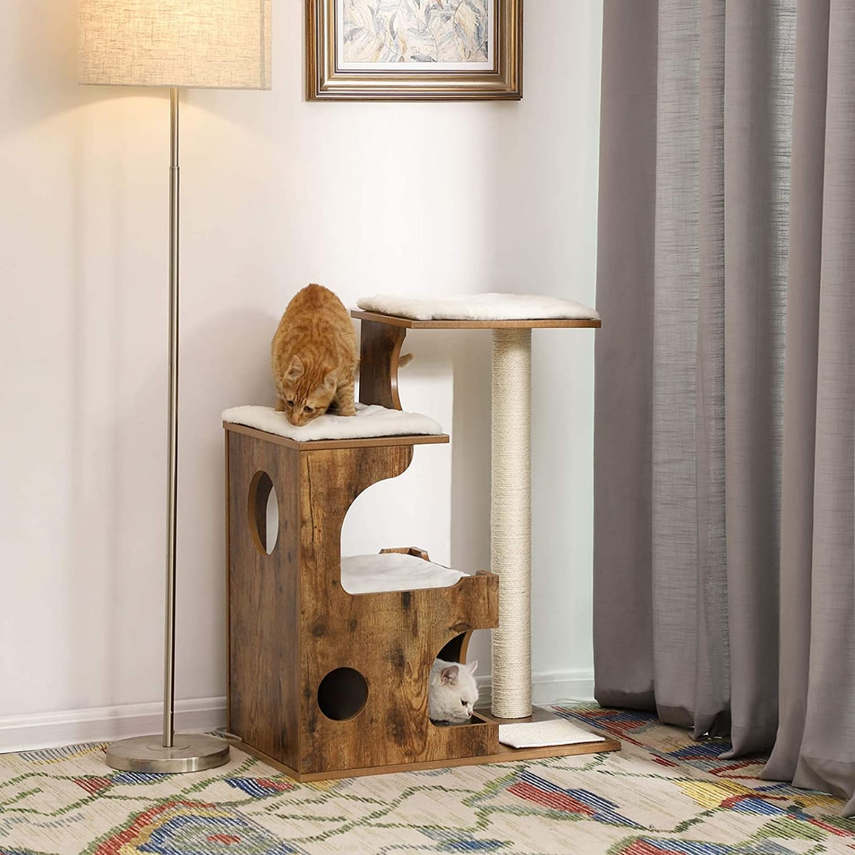 FEANDREA Cat Tree, Ansamblu de Joaca cu turn, pisici, S-M, maro și alb, 66 x 42 x 88 cm - 1 | YEO