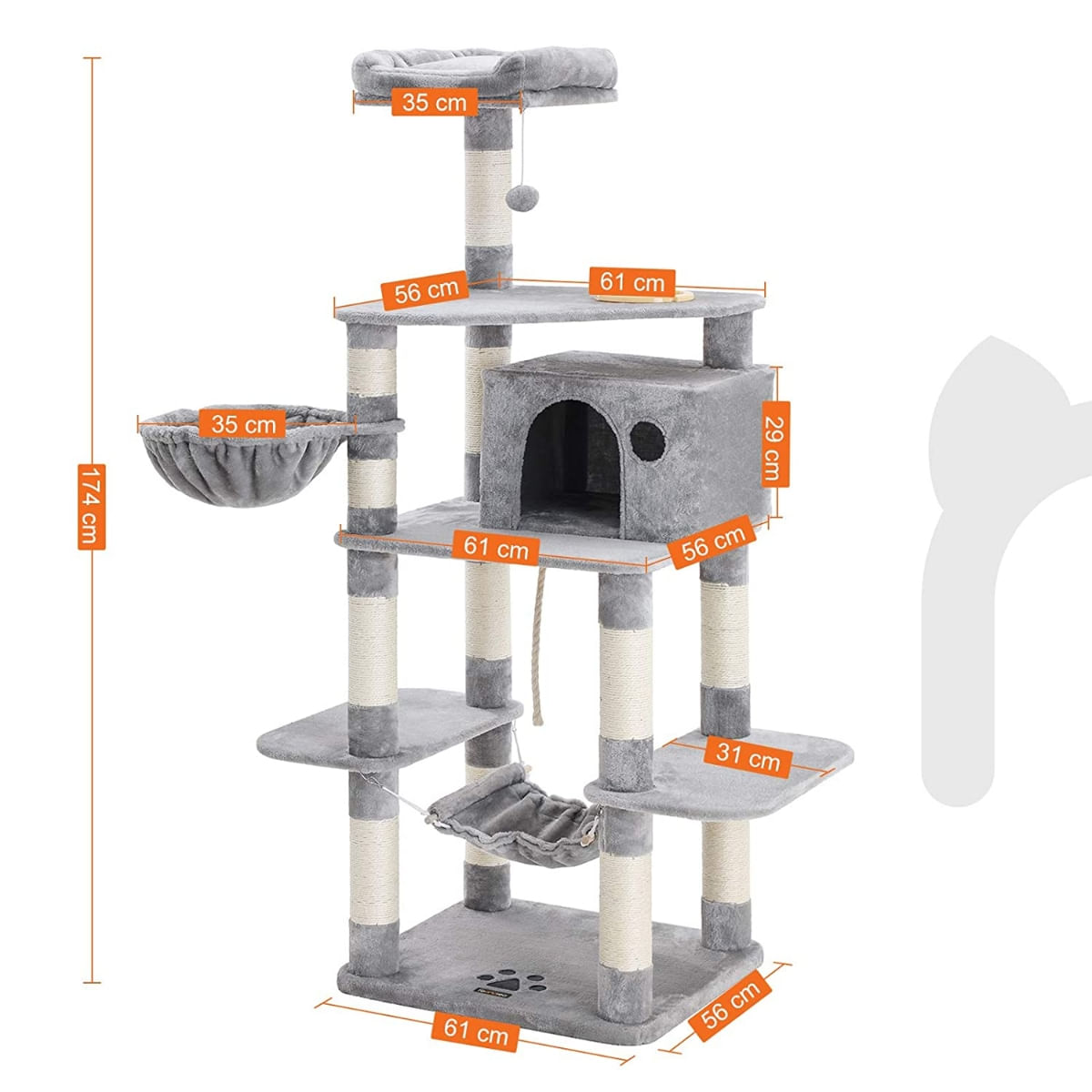 FEANDREA Multi-Level Cat Tree, Ansamblu de Joaca cu hranitoare, pisici, L-XL, gri, 90 x 50 x 164 cm - 1 | YEO