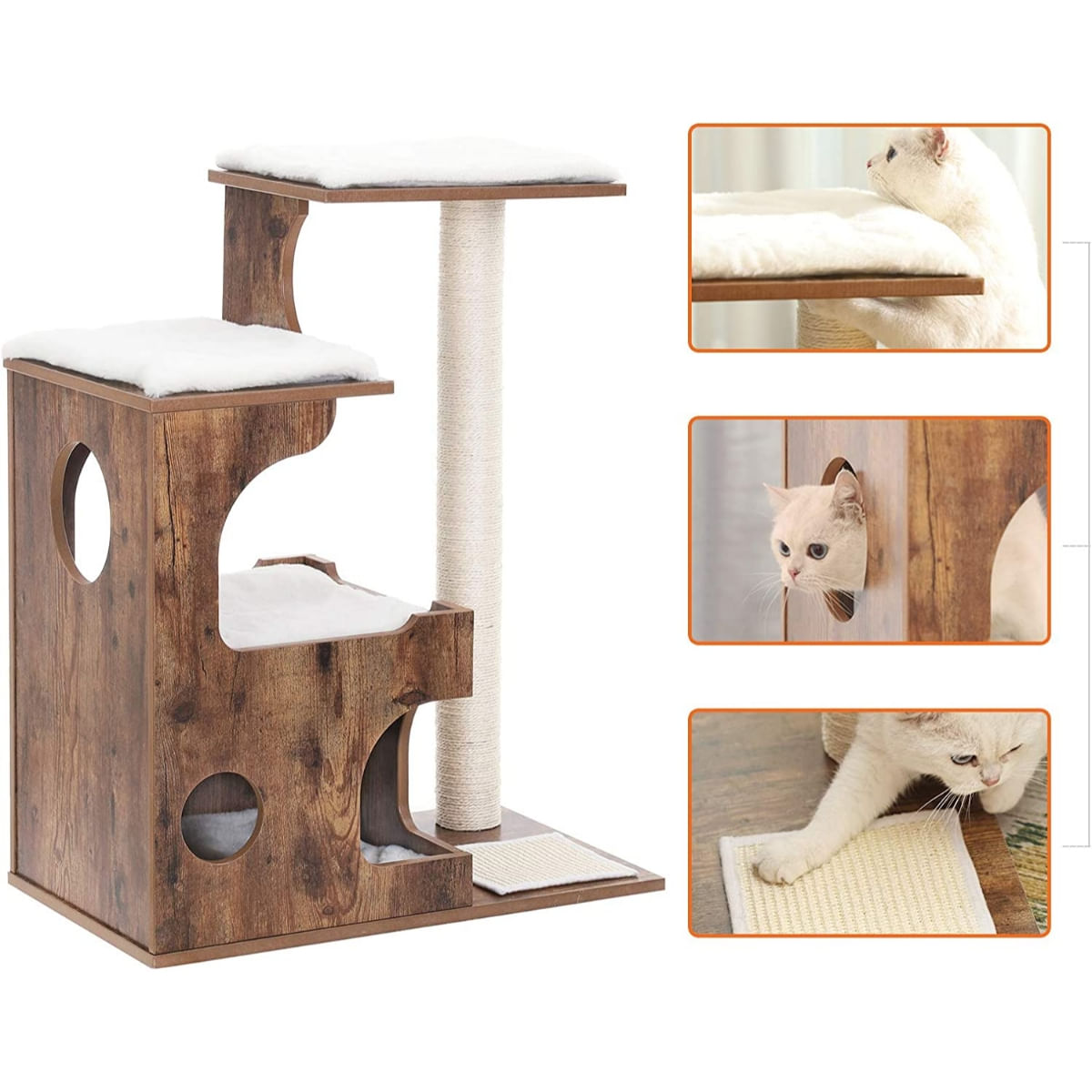 FEANDREA Cat Tree, Ansamblu de Joaca cu turn, pisici, S-M, maro și alb, 66 x 42 x 88 cm - 2 | YEO