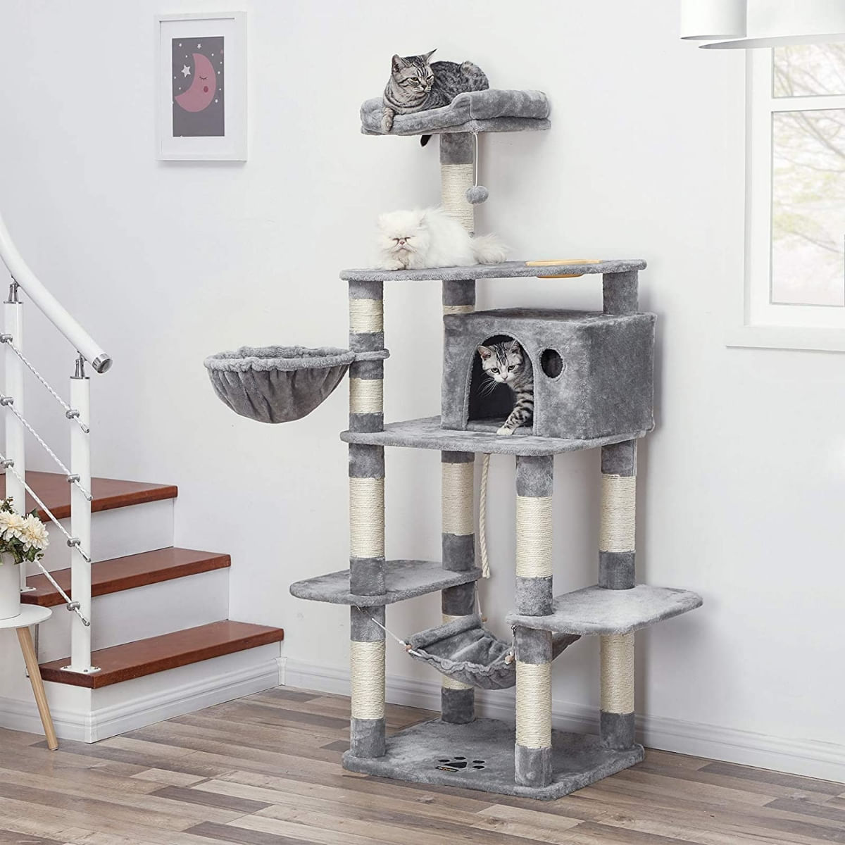 FEANDREA Multi-Level Cat Tree, Ansamblu de Joaca cu hranitoare, pisici, L-XL, gri, 90 x 50 x 164 cm - 3 | YEO