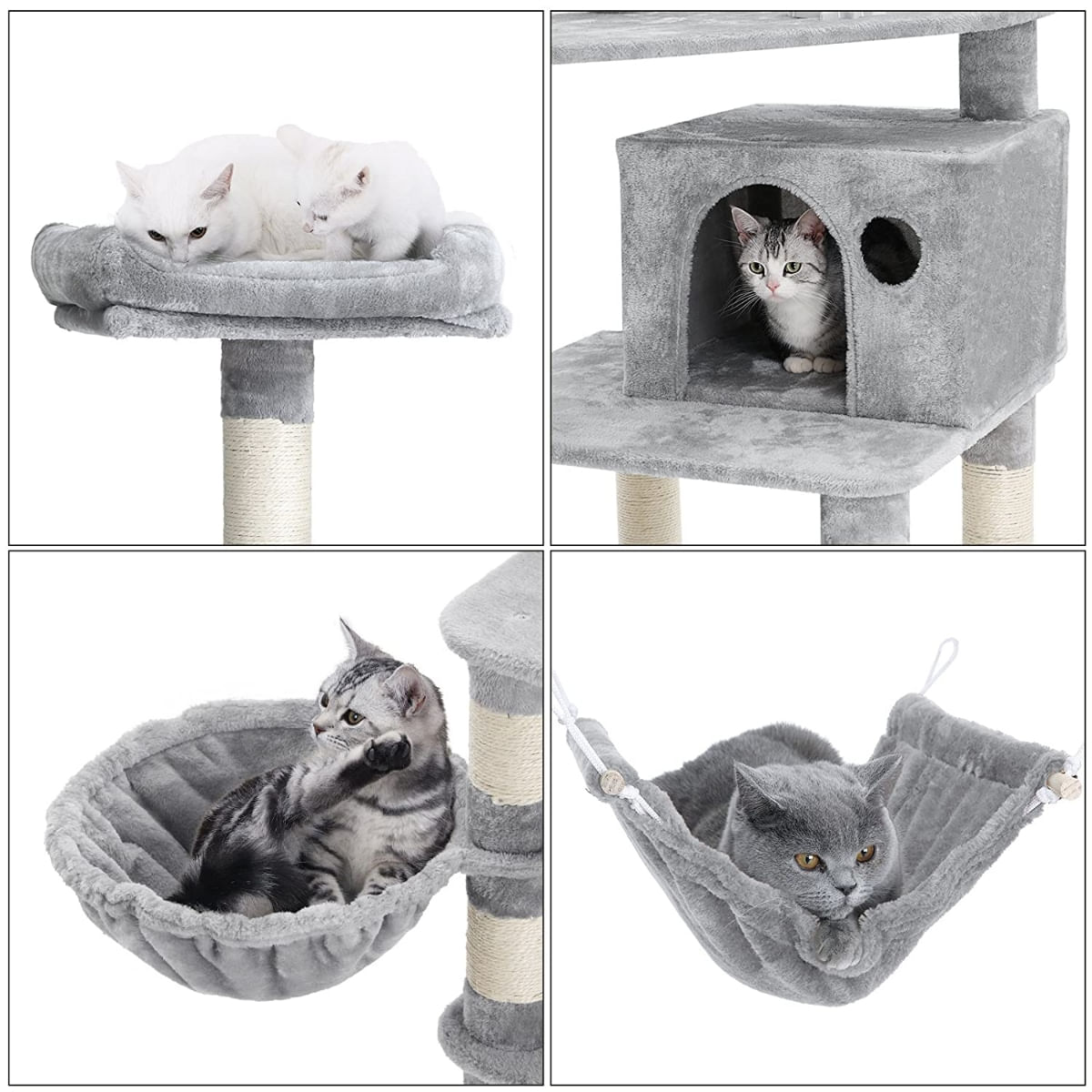 FEANDREA Multi-Level Cat Tree, Ansamblu de Joaca cu hranitoare, pisici, L-XL, gri, 90 x 50 x 164 cm