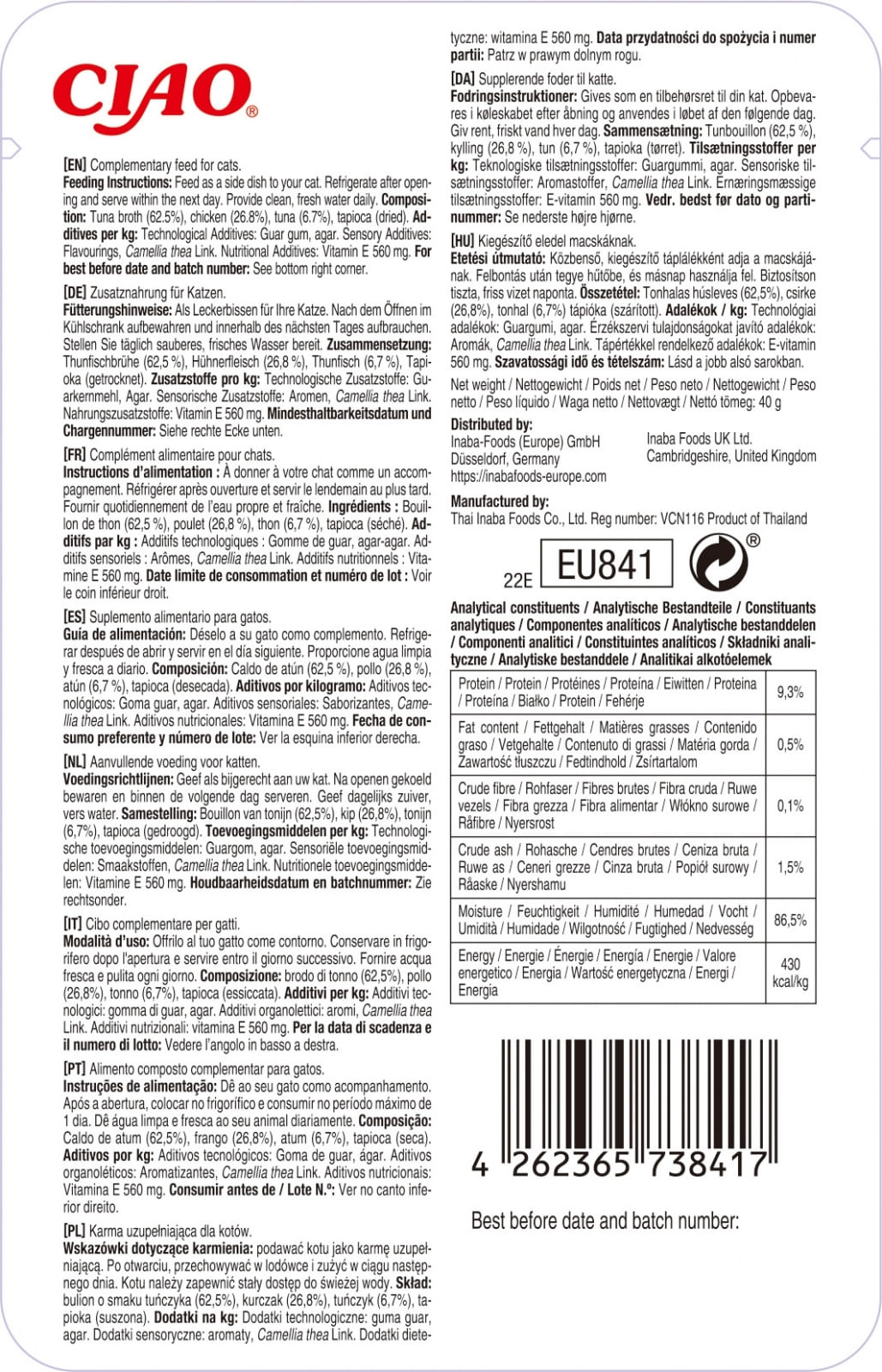 INABA Ciao Stew, Pui și Ton, plic hrană umedă fără cereale pisici, (în sos), 40g - 1 | YEO