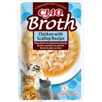 INABA Ciao Broth , Pui și Scoici, plic hrană umedă fără cereale pisici, (în supă), 40g