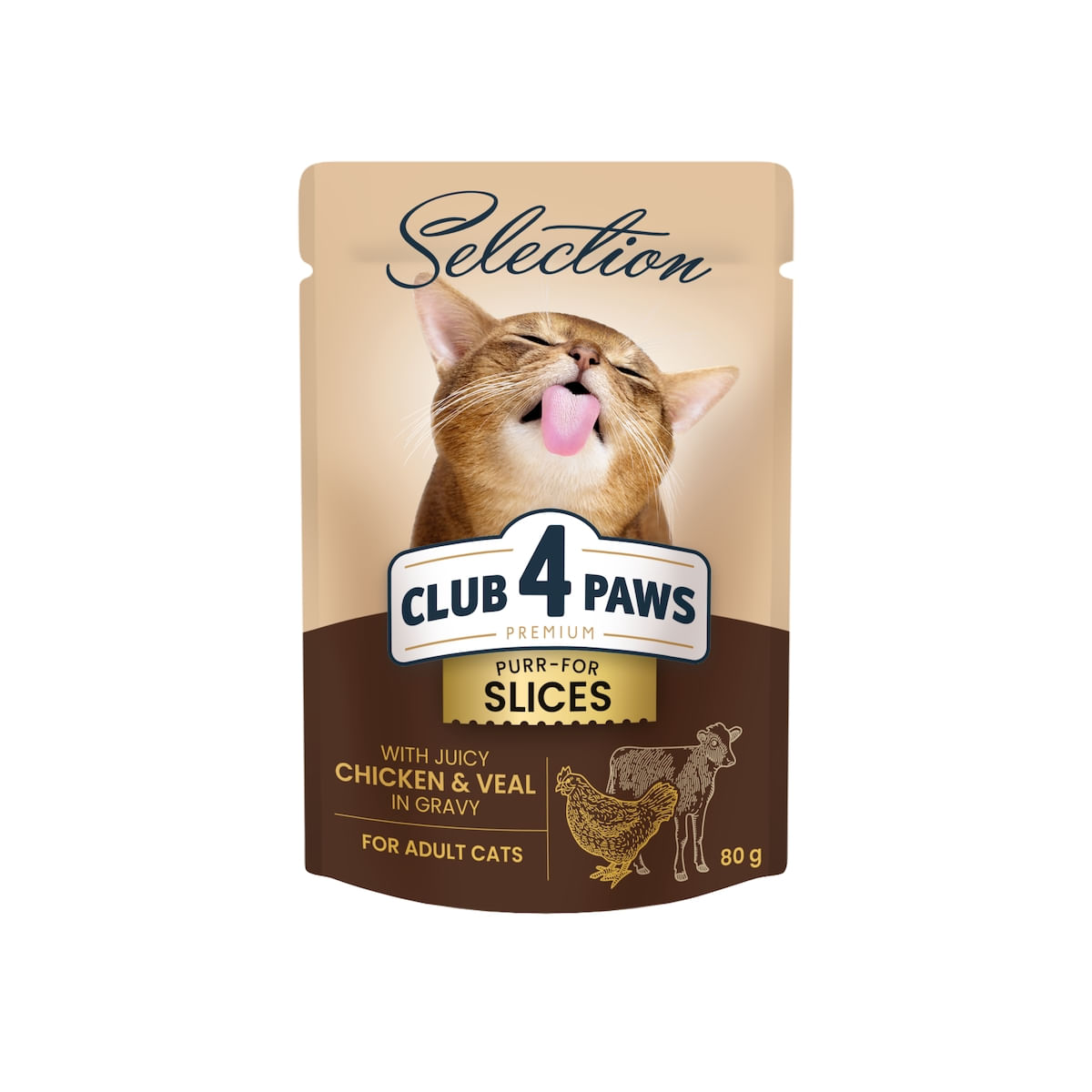 CLUB 4 PAWS Premium Plus Selection, Pui și Vită, plic hrană umedă pisici, (în sos), 80g - 1 | YEO