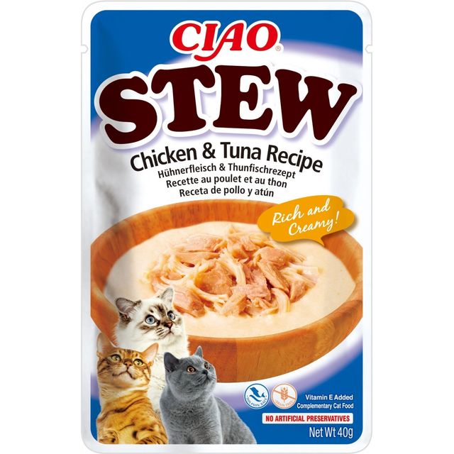 INABA Ciao Stew, Pui și Ton, plic hrană umedă fără cereale pisici, (în sos), 40g