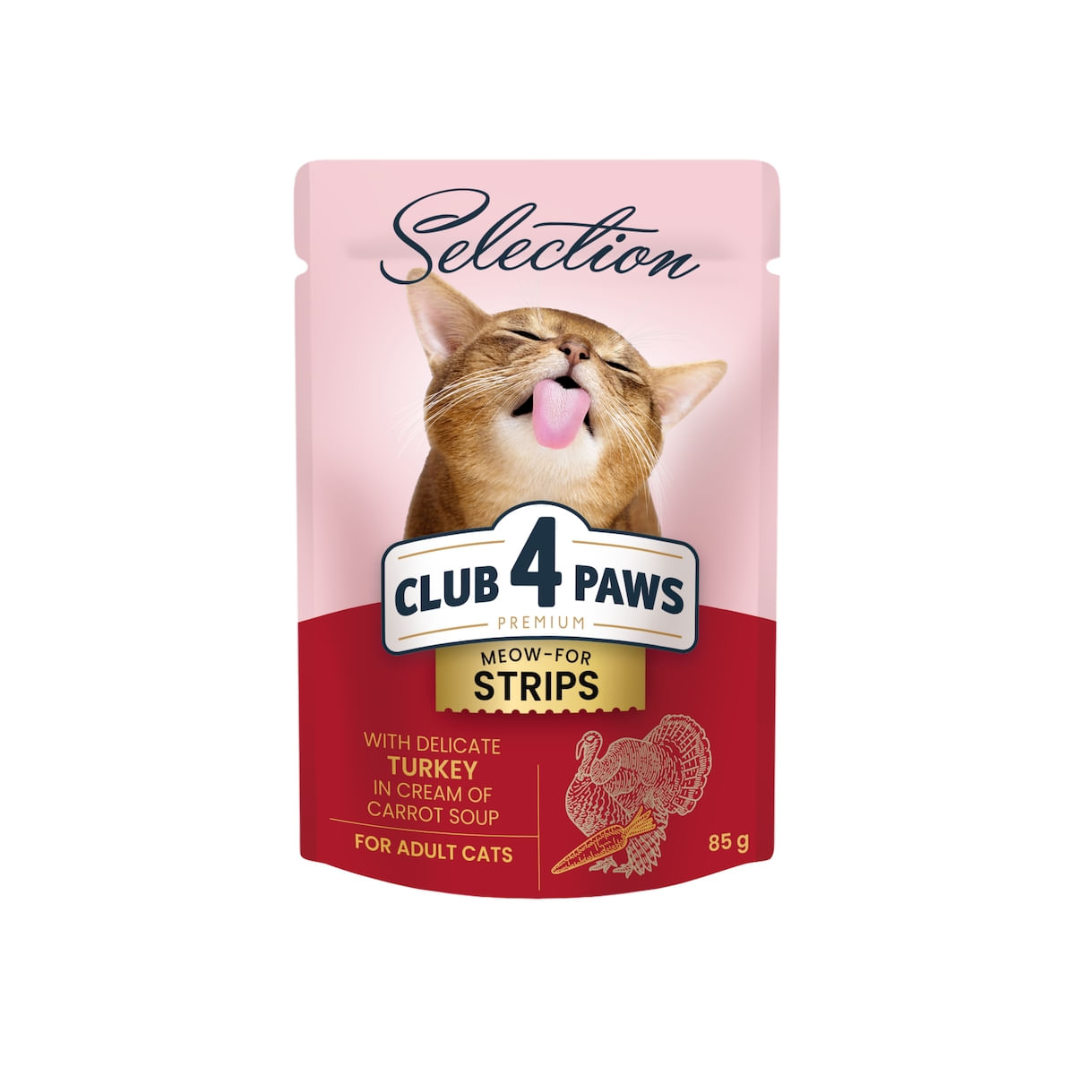 CLUB 4 PAWS Premium Selection Stripsuri, Curcan și Morcov, plic hrană umedă pisici, (în supă), 85g - 1 | YEO