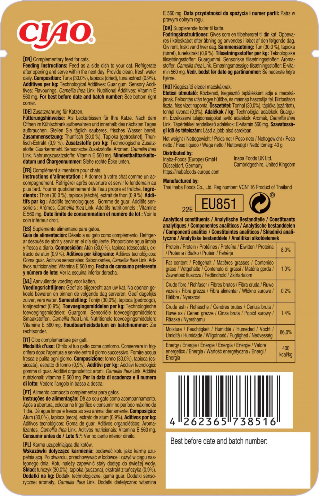 INABA Ciao Bisque, Ton, plic hrană umedă fără cereale pisici, (piure), 40g - 1 | YEO