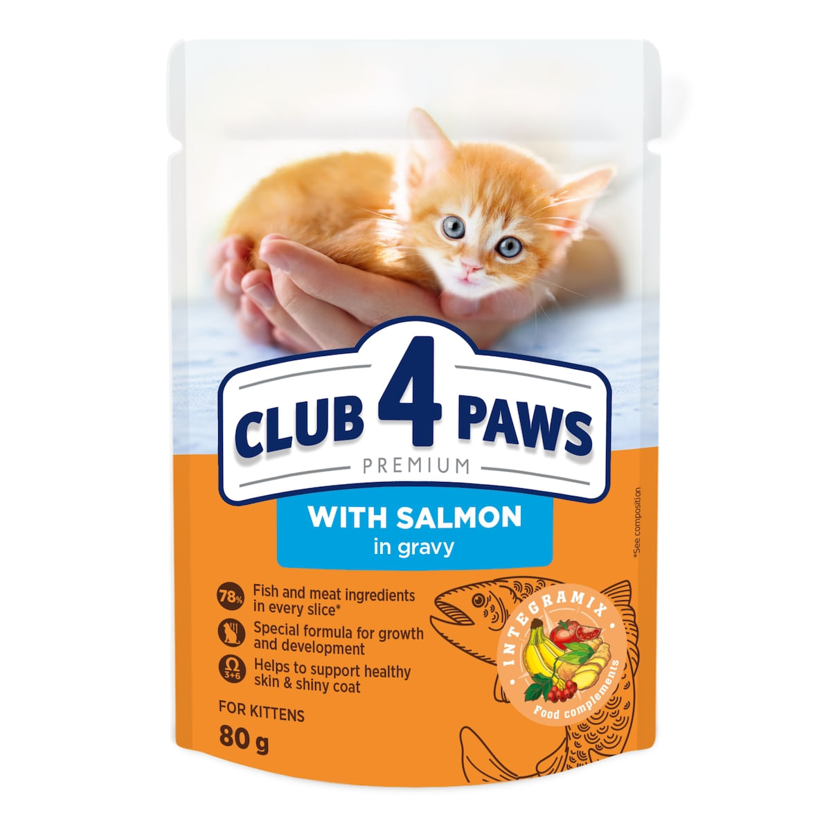 CLUB 4 PAWS Premium , Somon, plic hrană umedă pisici junior, (în sos), 80g CLUB 4 PAWS Premium , Somon, plic hrană umedă pisici junior, (în sos), bax, 80g x 24buc