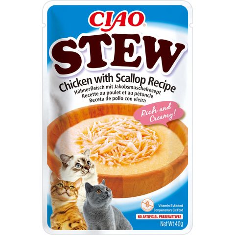 INABA Ciao Stew, Pui și Scoici, plic hrană umedă fără cereale pisici, (în sos), 40g
