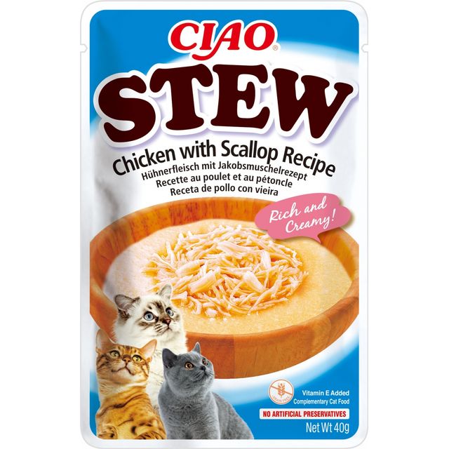 INABA Ciao Stew, Pui și Scoici, plic hrană umedă fără cereale pisici, (în sos), 40g