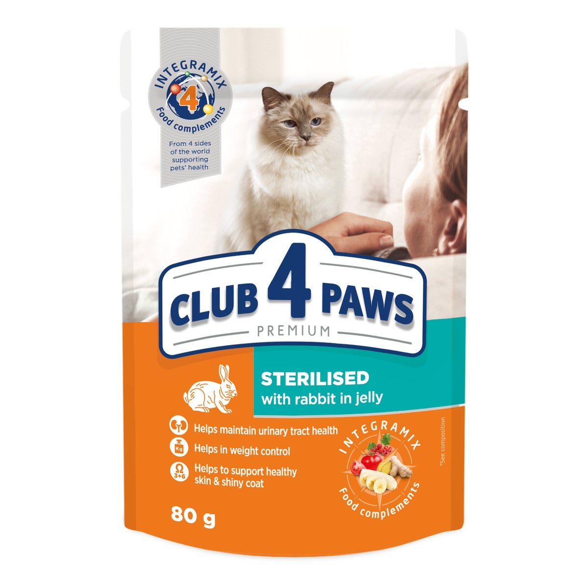 CLUB 4 PAWS Premium Sterilised, Iepure, plic hrană umedă pisici sterilizate, (în aspic), 80g CLUB 4 PAWS Premium Sterilised, Iepure, plic hrană umedă pisici sterilizate, (în aspic), bax, 80g x 24buc