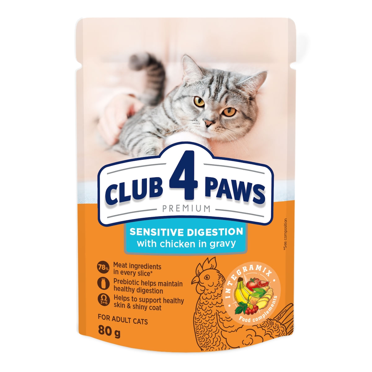 CLUB 4 PAWS Premium Sensitive Digestion, Pui, plic hrană umedă pisici, sistem digestiv, (în sos), 80g CLUB 4 PAWS Premium Sensitive Digestion, Pui, plic hrană umedă pisici, sistem digestiv, (în sos), bax, 80g x 24buc