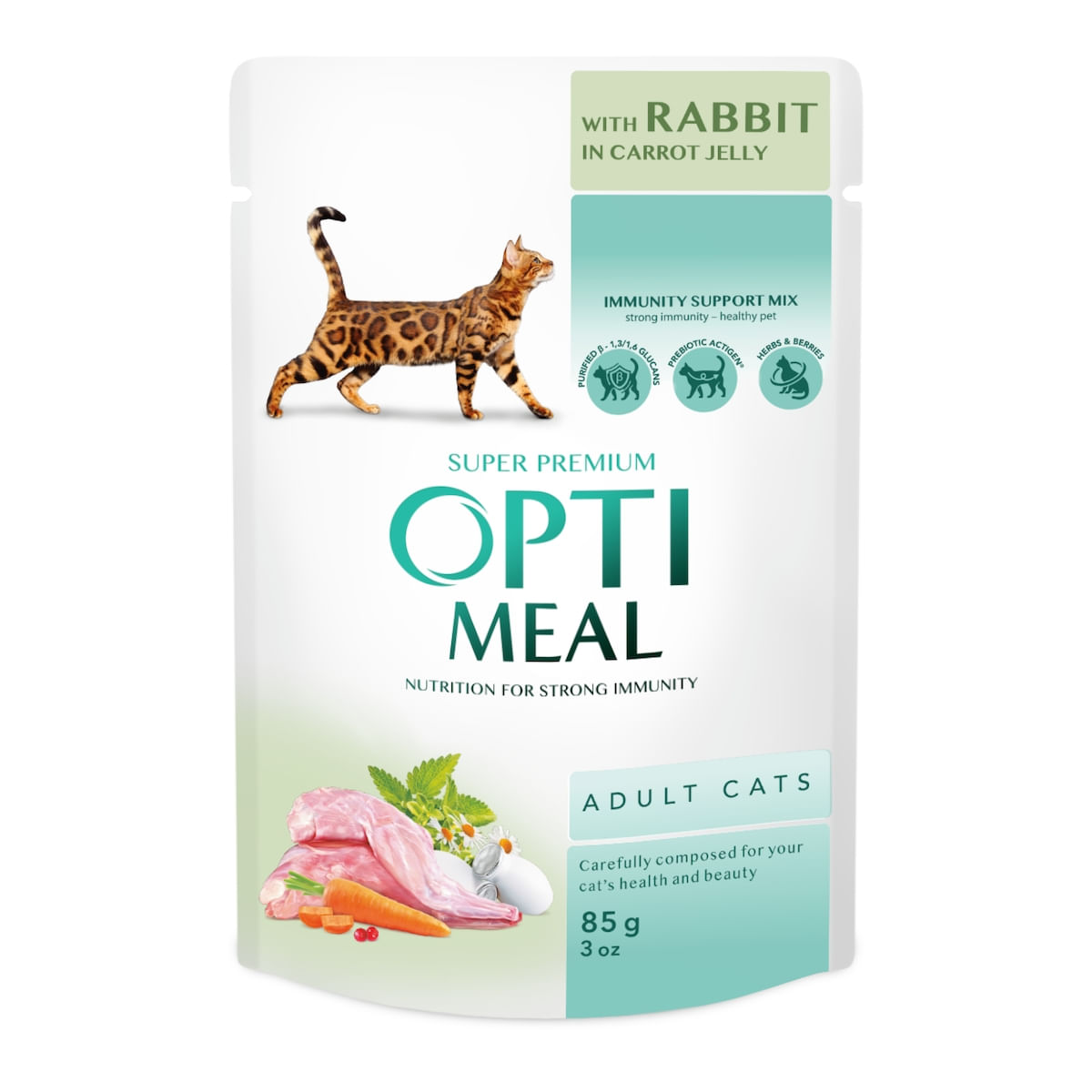 OPTIMEAL, Iepure și Morcov, plic hrană umedă pisici, piele & blană, (în aspic), 85g