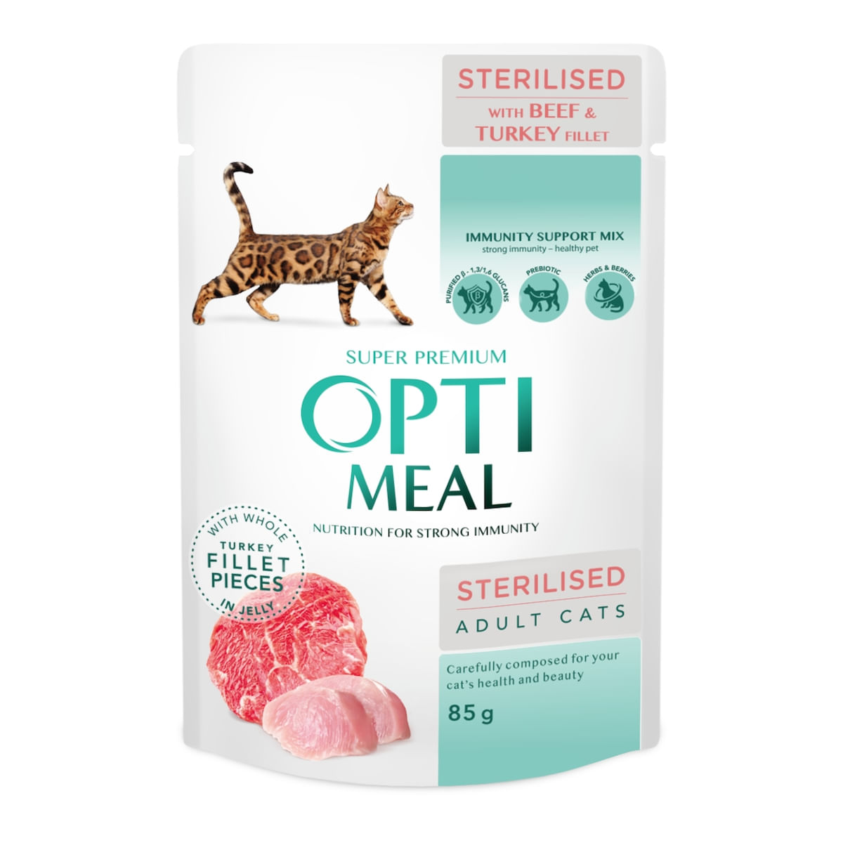 OPTIMEAL, Vită și Curcan, plic hrană umedă pisici sterilizate, (în aspic), 85g - 1 | YEO