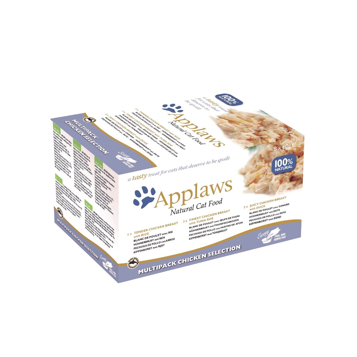 APPLAWS Chicken Selection Multipack, 3 arome (Pui și Orez, Pui și Icre de Ton, Pui și Rață), pachet mixt, bol hrană umedă pisici, 60g x 8 - 1 | YEO