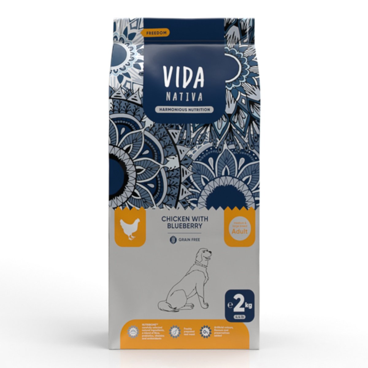 VIDA NATIVA Freedom, M-XL, Pui și afine, hrană uscată fără cereale câini, 2kg