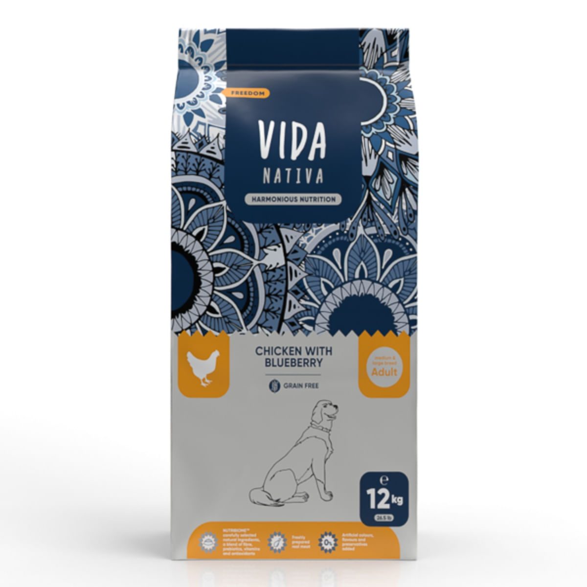 VIDA NATIVA Freedom, M-XL, Pui și afine, hrană uscată fără cereale câini, 12kg