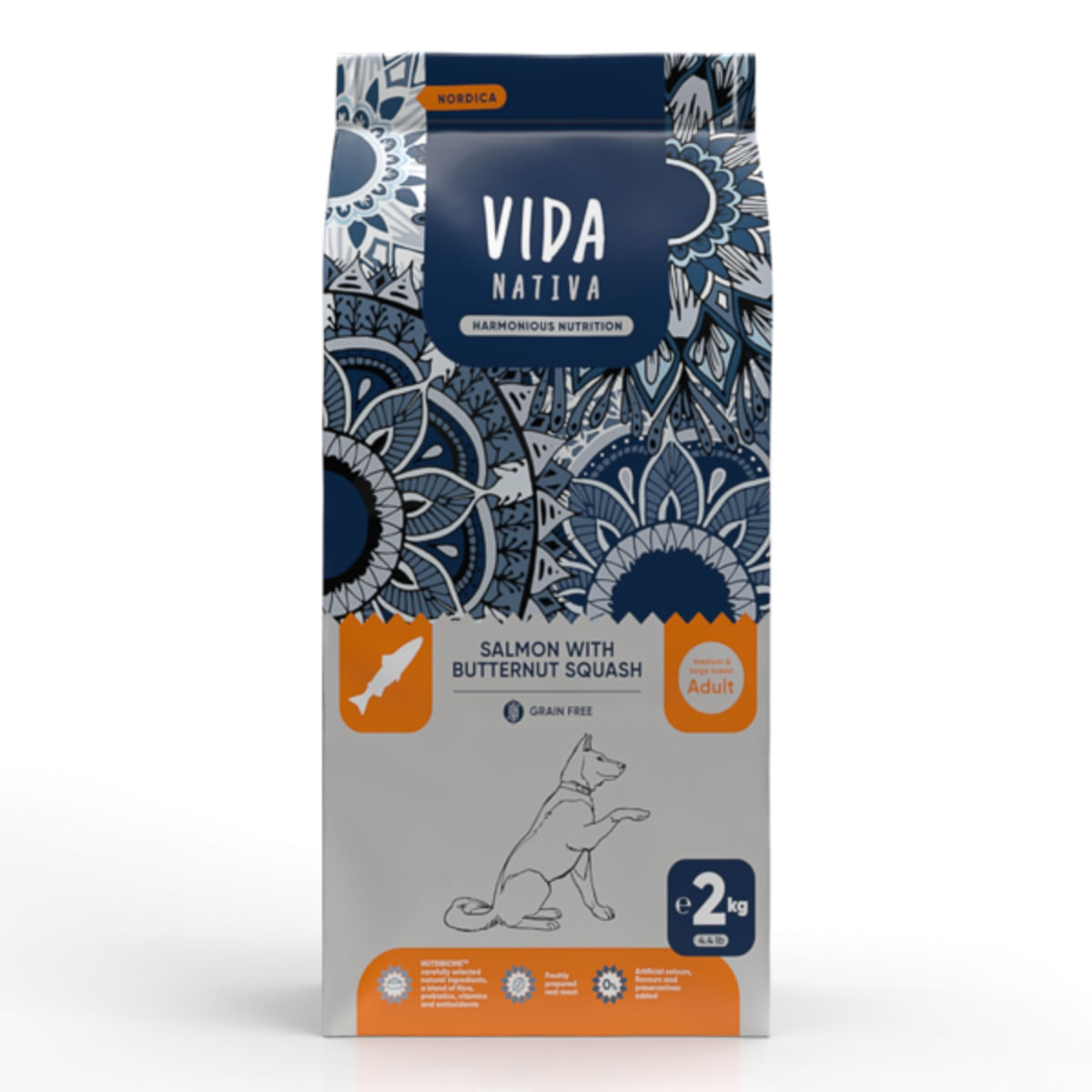 VIDA NATIVA Nordica, M-XL, Somon și dovleac, hrană uscată fără cereale câini, 2kg