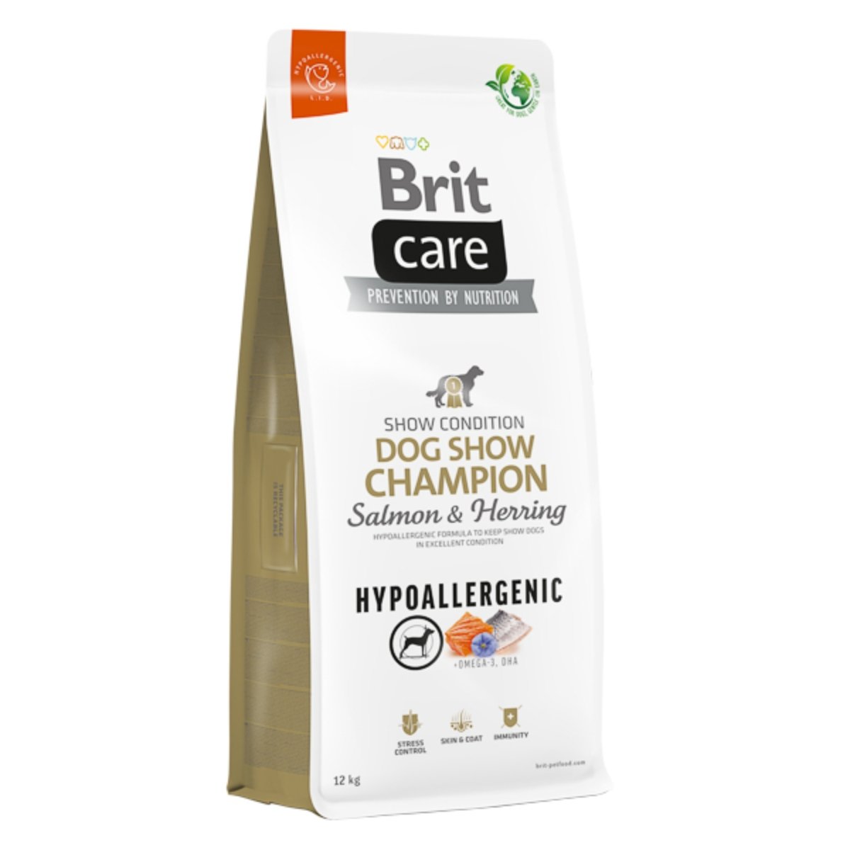 BRIT Care Hypoallergenic Dog Show Champion, XS-XL, Somon și Hering, hrană uscată monoproteică câini, sistem imunitar & alergii, 12kg