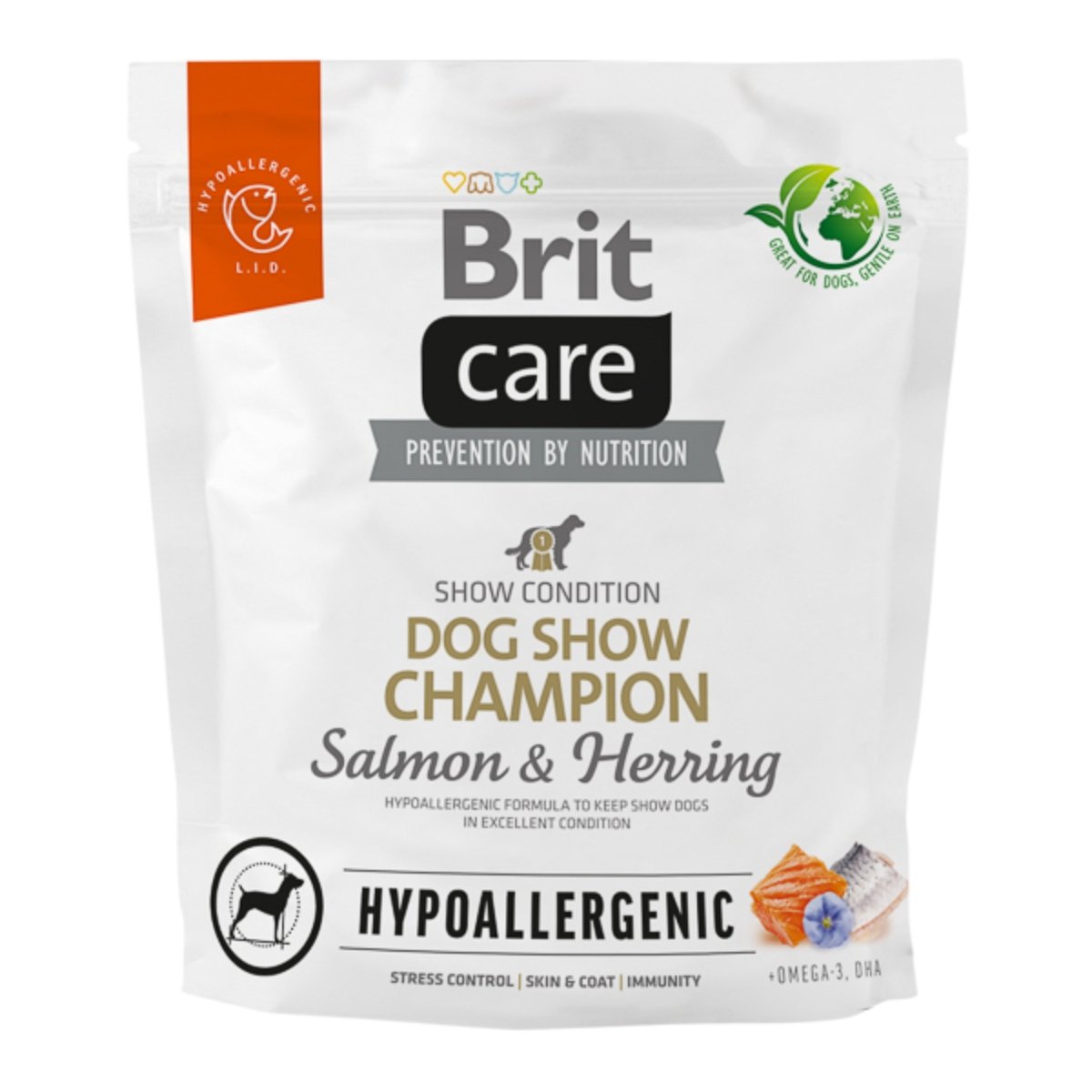 BRIT Care Hypoallergenic Dog Show Champion, XS-XL, Somon și Hering, hrană uscată monoproteică câini, sistem imunitar & alergii, 1kg