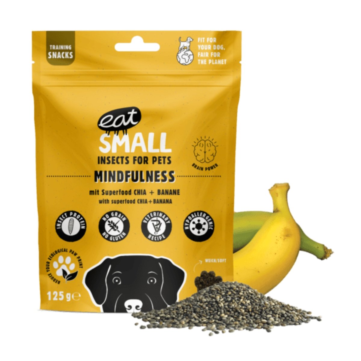 EAT SMALL Mindfulness, XS-XL, Insecte, punguță, resigilabil recompense funcționale fără cereale câini, sistem nervos & calmante, 125g