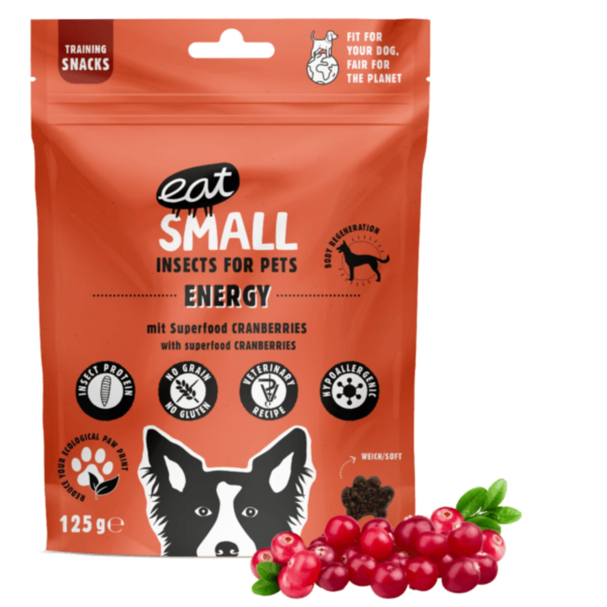 EAT SMALL Energy Snack, XS-XL, Insecte, punguță, resigilabil recompense funcționale monoproteică fără cereale câini, sistem imunitar & alergii, 125g