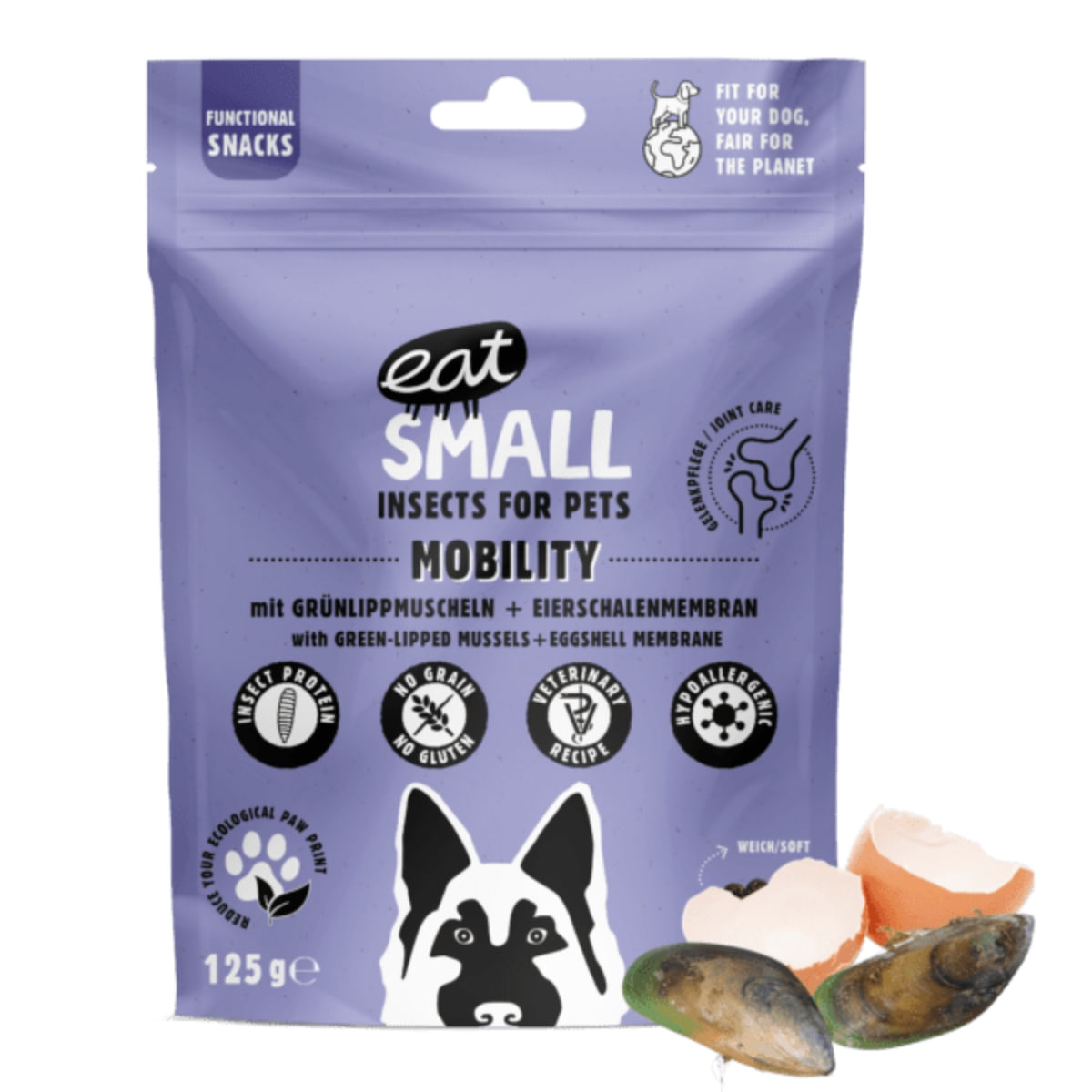 EAT SMALL Mobility Snack, XS-XL, Insecte, punguță, resigilabil recompense funcționale fără cereale câini, sistem articular, 125g - 1 | YEO