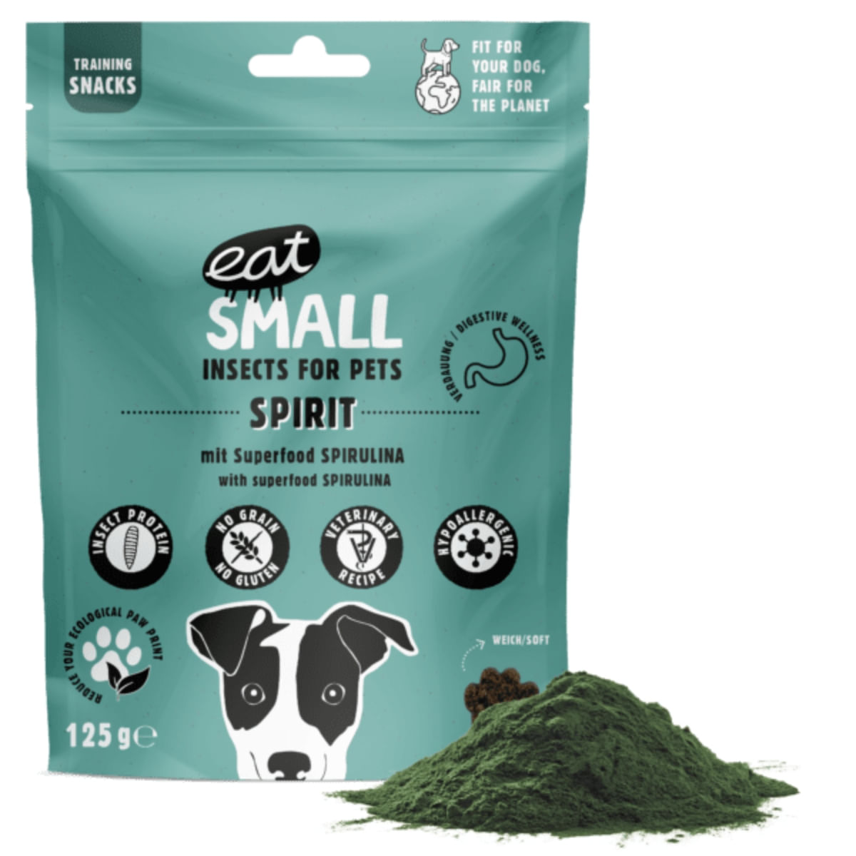 EAT SMALL Spirit Snack, XS-XL, Insecte și Spirulină, punguță, resigilabil recompense funcționale fără cereale câini, sistem imunitar & alergii, 125g - 1 | YEO