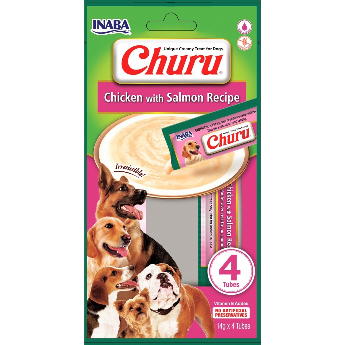 INABA Churu, XS-XL, Pui și Somon, punguță recompense fără cereale câini, (topping), 56g - 1 | YEO