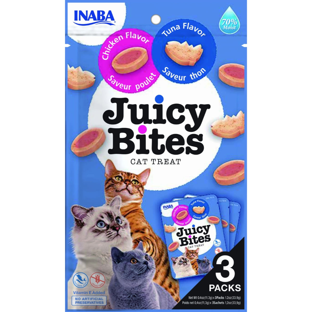 INABA Churu Juicy Bites, Ton și Pui, punguță recompense fără cereale pisici, semimoist, 33.9g