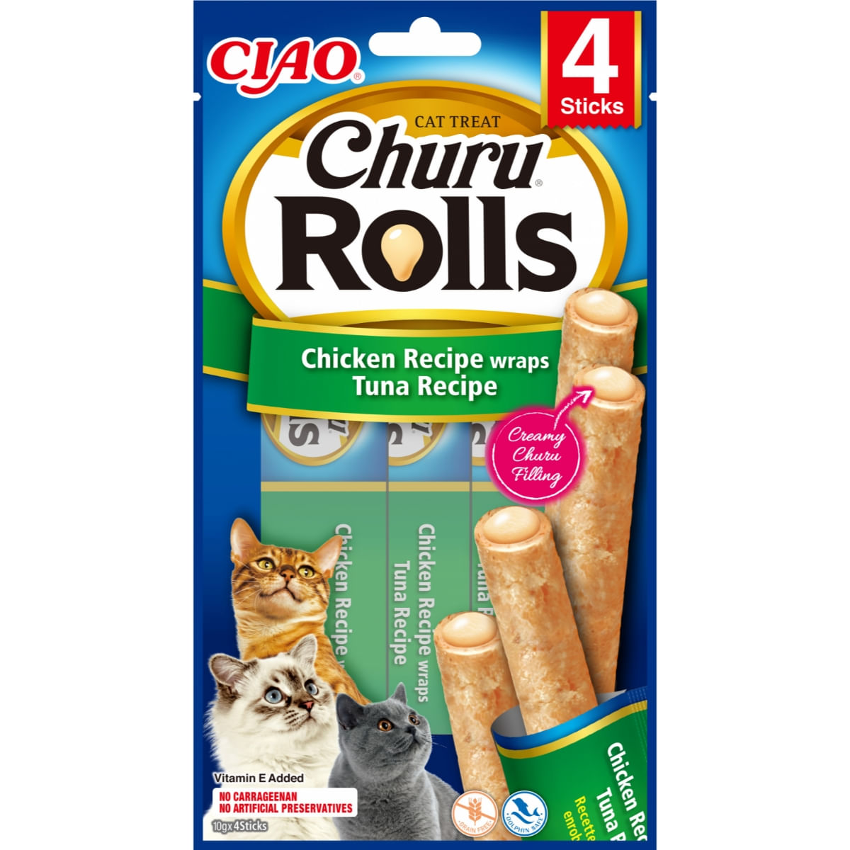 INABA Churu Rolls, Pui și Ton, punguță recompense fără cereale pisici, semimoist, 40g