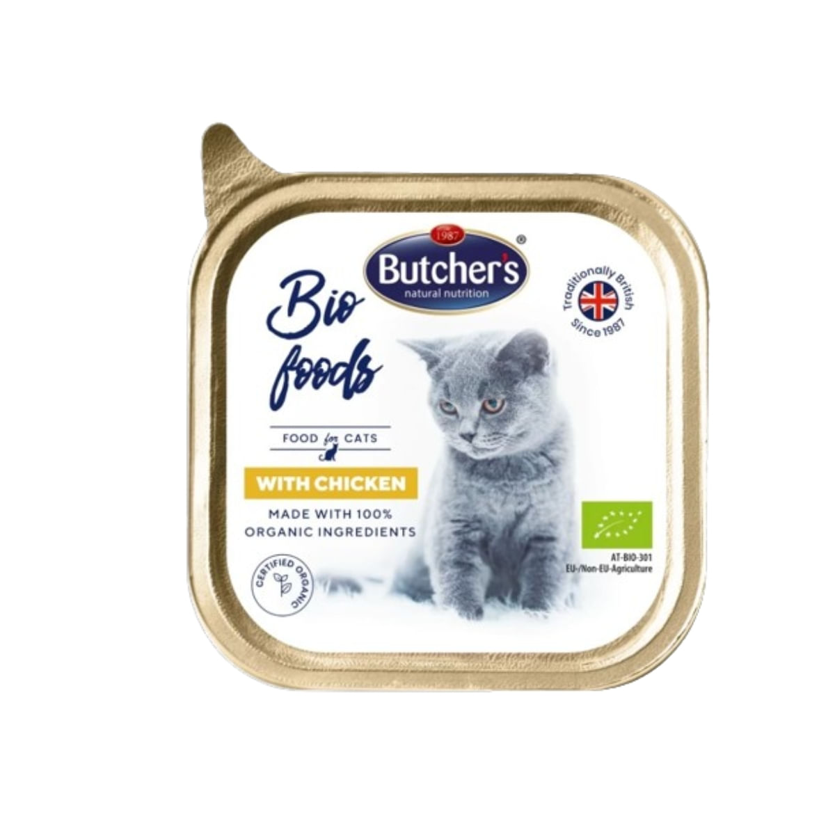 BUTCHER\'S Bio Foods, Pui, tăviță hrană umedă bio pisici, (pate), 85g