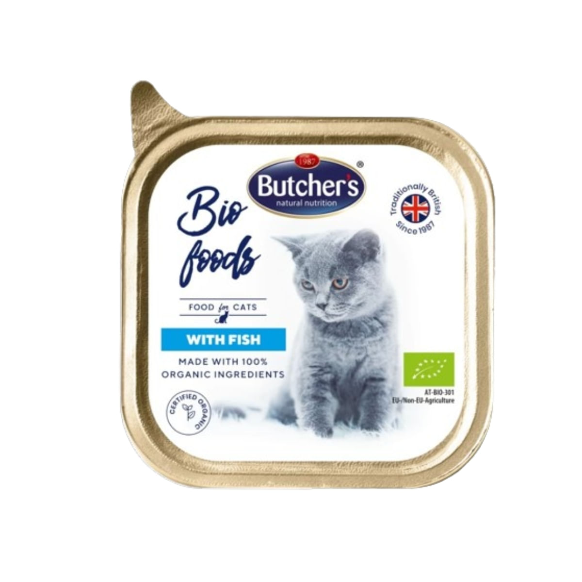 BUTCHER\'S Bio Foods, Pește, tăviță hrană umedă bio pisici, (pate), 85g