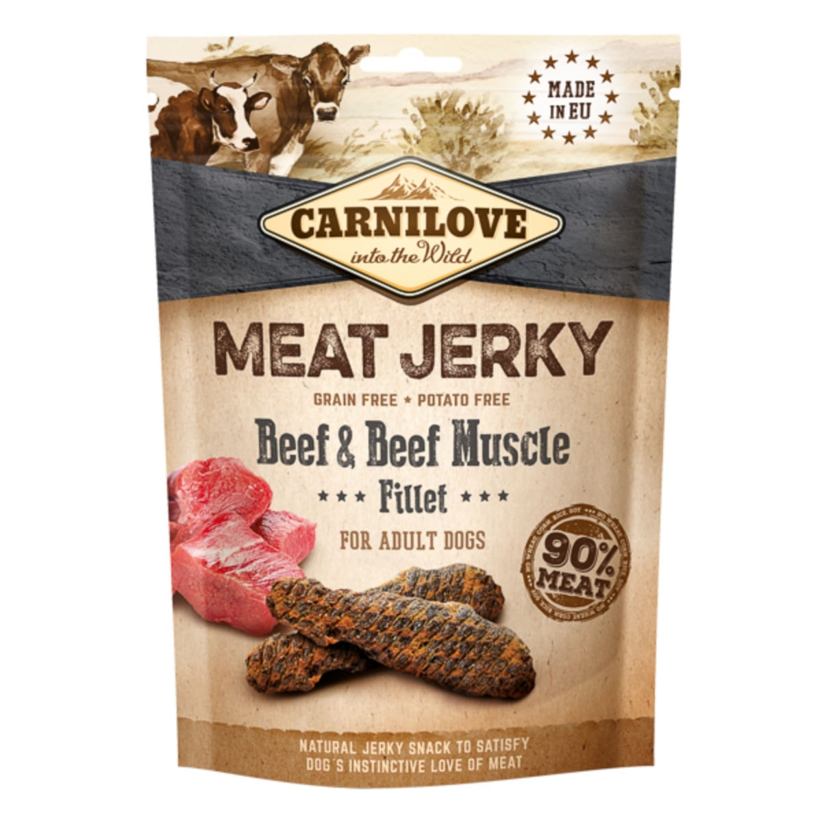 CARNILOVE Jerky, XS-XL, Vită, punguță recompense fără cereale câini, 100g