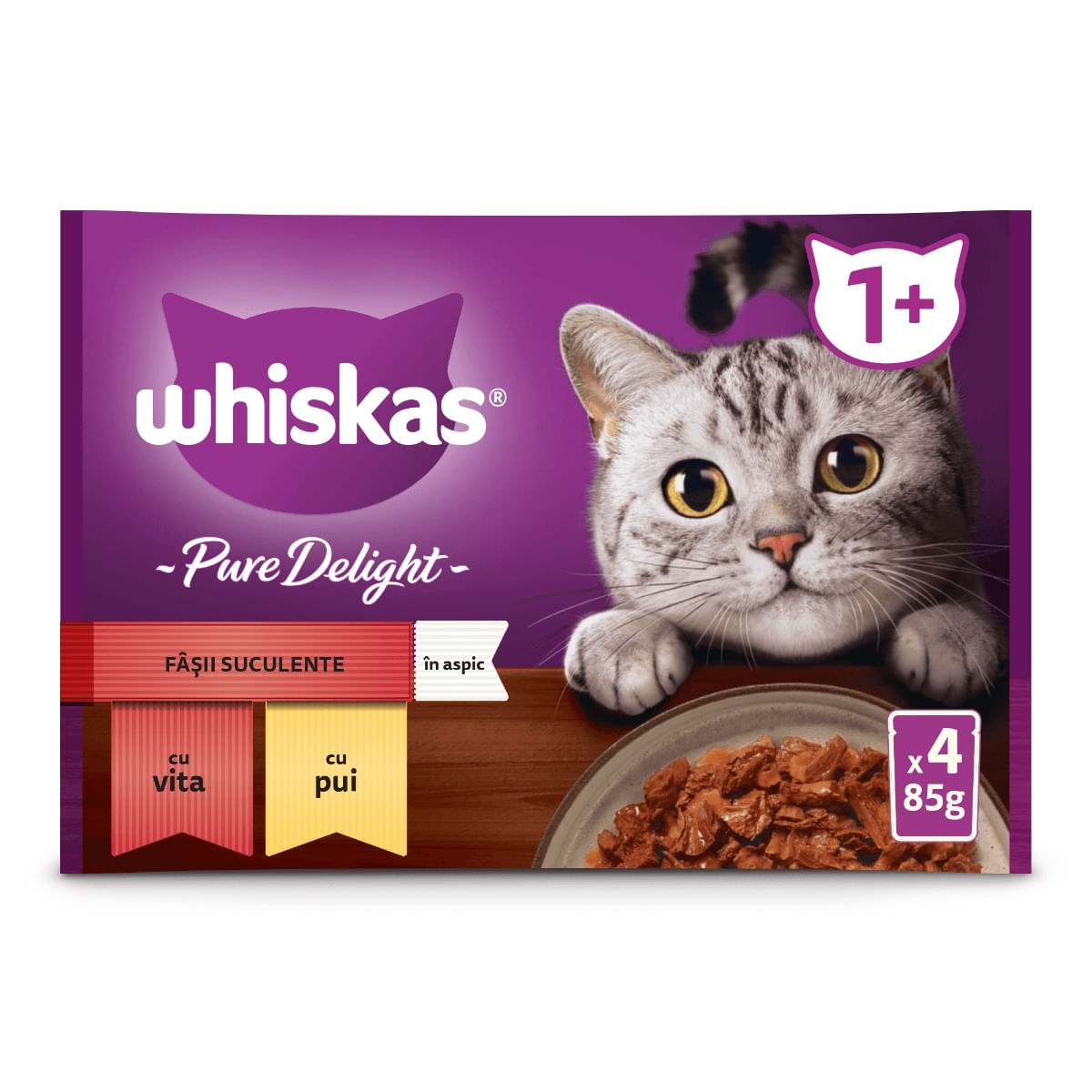 WHISKAS Pure Delight Selectii Clasice, Vită și Pui, plic hrană umedă pisici, (în aspic), multipack, 85g x 4 - 1 | YEO