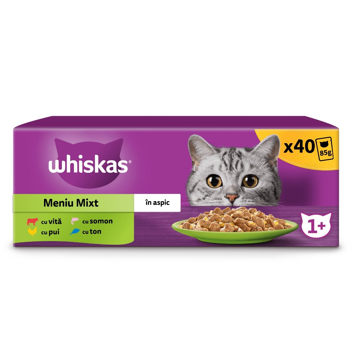 WHISKAS Selectii Mixte, Vită, Pui, Somon și Ton, hrană umedă pisici, (în aspic), multipack WHISKAS Selectii Mixte, Vită, Pui, Somon și Ton, plic hrană umedă pisici, (în aspic), multipack, 85g x 40 - 1 | YEO