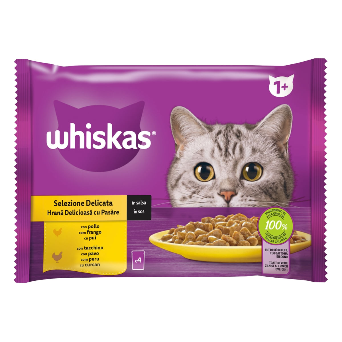 WHISKAS Selectii Pasăre, Pui și Curcan, plic hrană umedă pisici, (în sos), multipack, 85g x 4