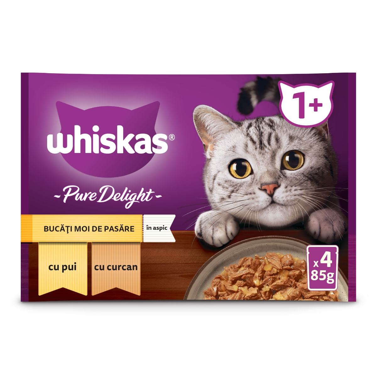 WHISKAS Pure Delight Selectii Pasăre, Pui și Curcan, plic hrană umedă pisici, (în aspic), multipack, 85g x 4