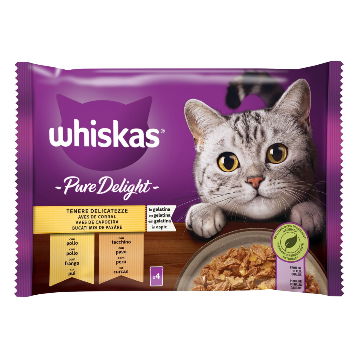WHISKAS Pure Delight Selectii Pasăre, Pui și Curcan, plic hrană umedă pisici, (în aspic), multipack, 85g x 4