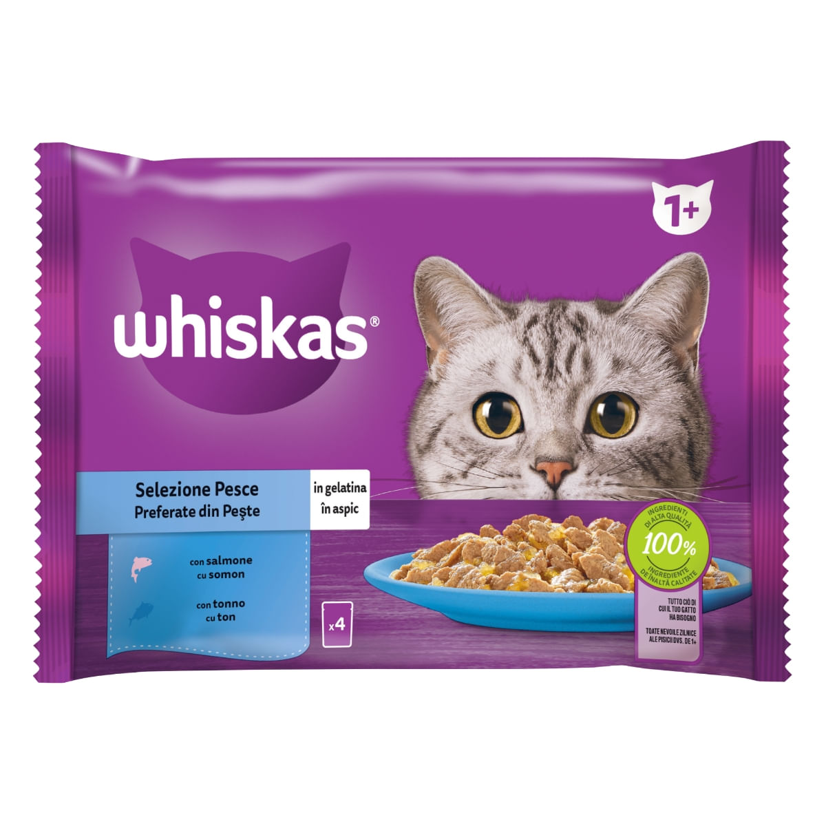 WHISKAS Selectii Pește, Somon și Ton, plic hrană umedă pisici, (în aspic), multipack, 85g x 4 - 2 | YEO