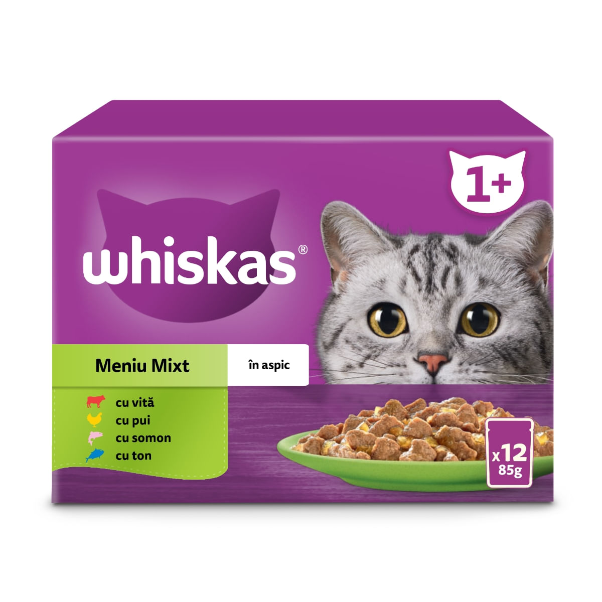 WHISKAS Selectii Mixte, Vită, Pui, Somon și Ton, hrană umedă pisici, (în aspic), multipack WHISKAS Selectii Mixte, Vită, Pui, Somon și Ton, plic hrană umedă pisici, (în aspic), multipack, 85g x 12 - 1 | YEO