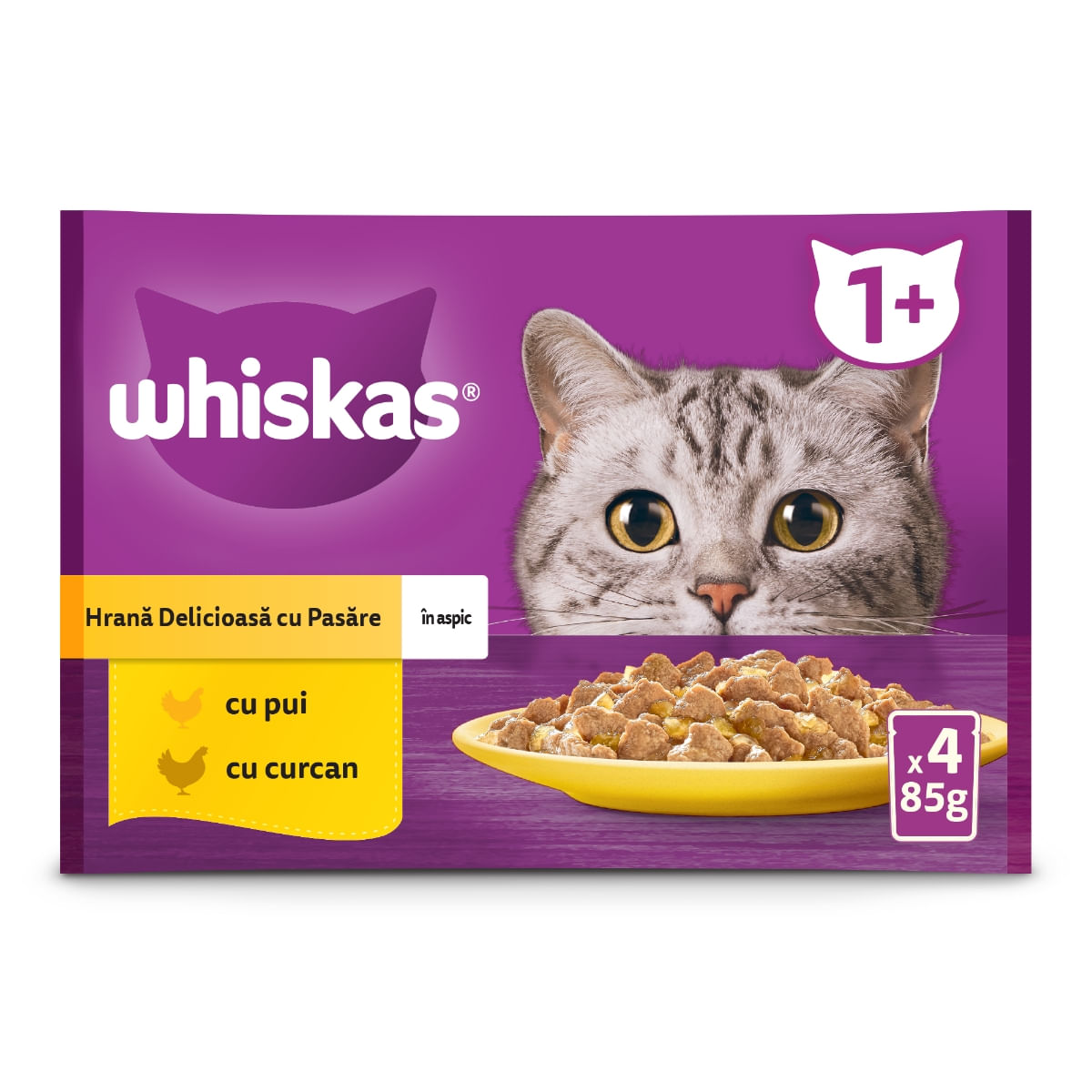 WHISKAS Selectii Pasăre, Pui și Curcan, plic hrană umedă pisici, (în aspic), multipack, 85g x 4 - 1 | YEO
