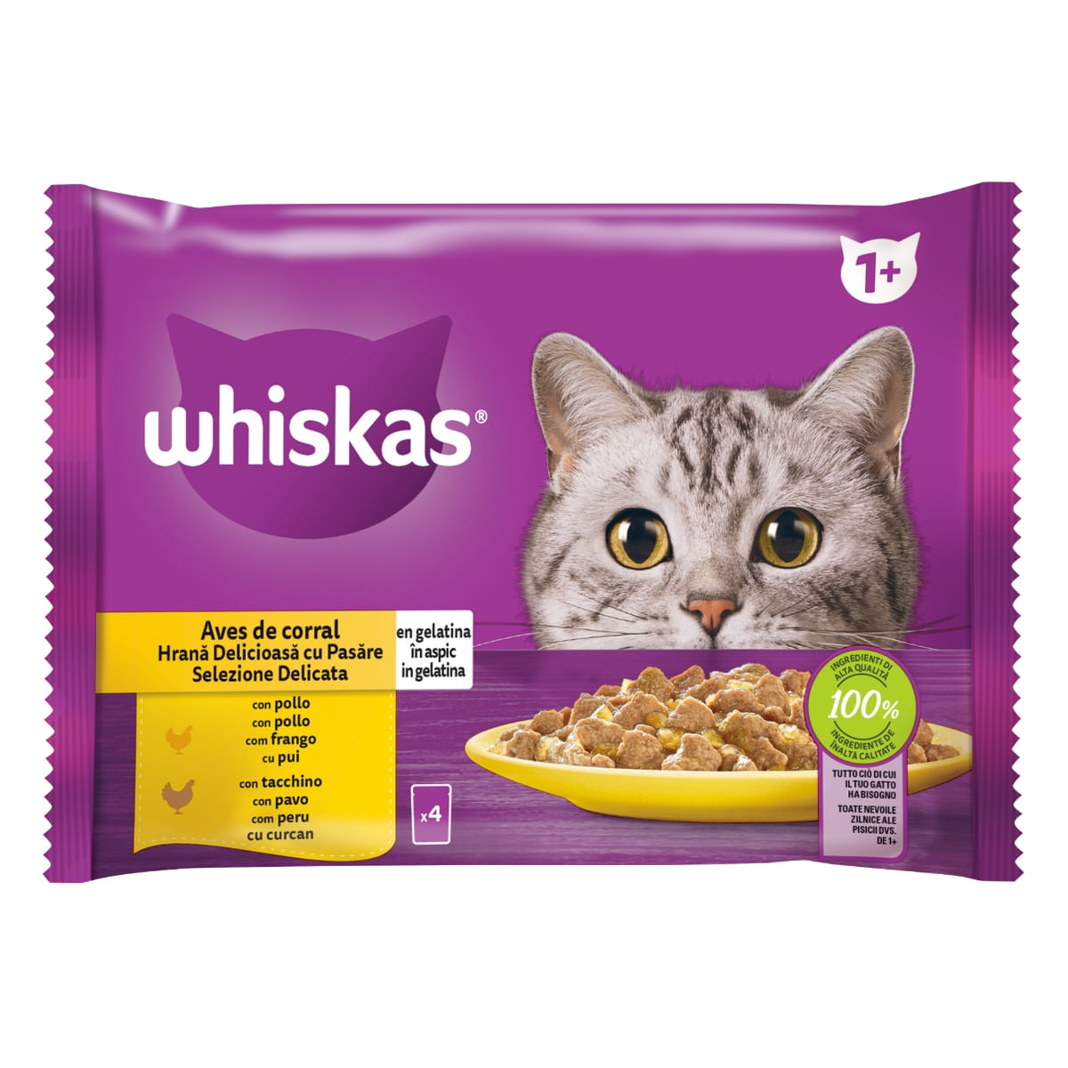 WHISKAS Selectii Pasăre, Pui și Curcan, plic hrană umedă pisici, (în aspic), multipack, 85g x 4
