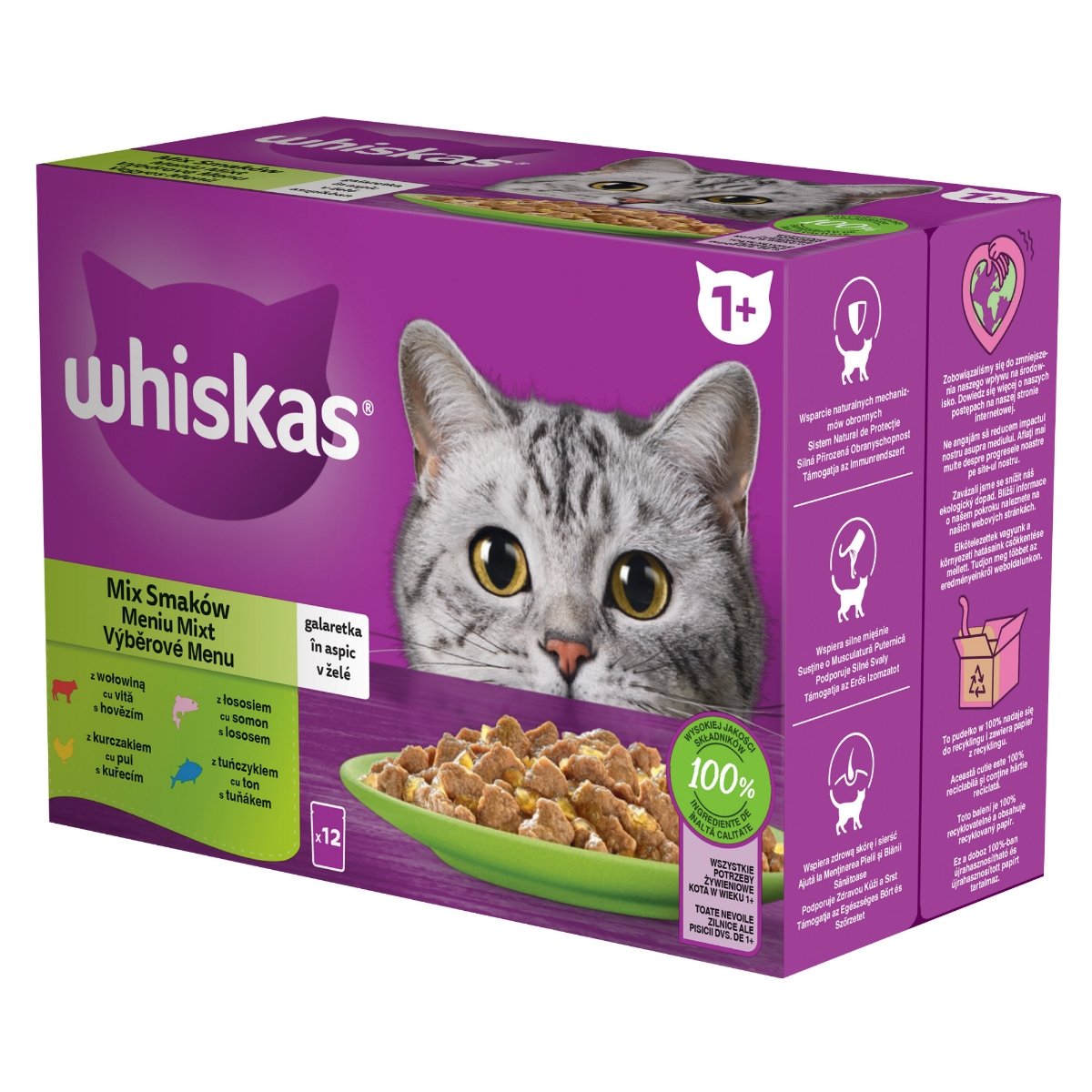 WHISKAS Selectii Mixte, Vită, Pui, Somon și Ton, hrană umedă pisici, (în aspic), multipack WHISKAS Selectii Mixte, Vită, Pui, Somon și Ton, plic hrană umedă pisici, (în aspic), multipack, 85g x 12