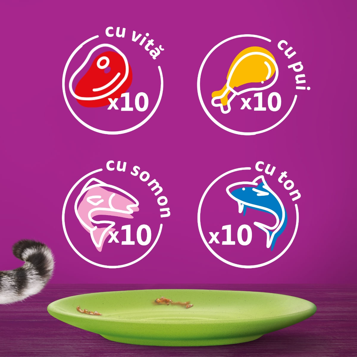 WHISKAS Selectii Mixte, Vită, Pui, Somon și Ton, hrană umedă pisici, (în aspic), multipack WHISKAS Selectii Mixte, Vită, Pui, Somon și Ton, plic hrană umedă pisici, (în aspic), multipack, 85g x 40
