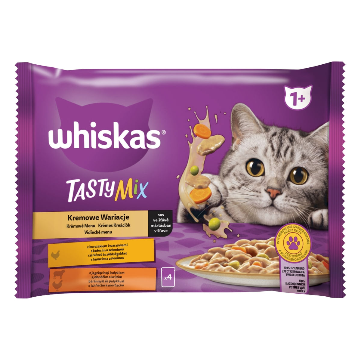 WHISKAS Tasty Mix Creamy Creations, Pui și Legume, Miel și Curcan, plic hrană umedă pisici, (în supă), multipack, 85g x 4