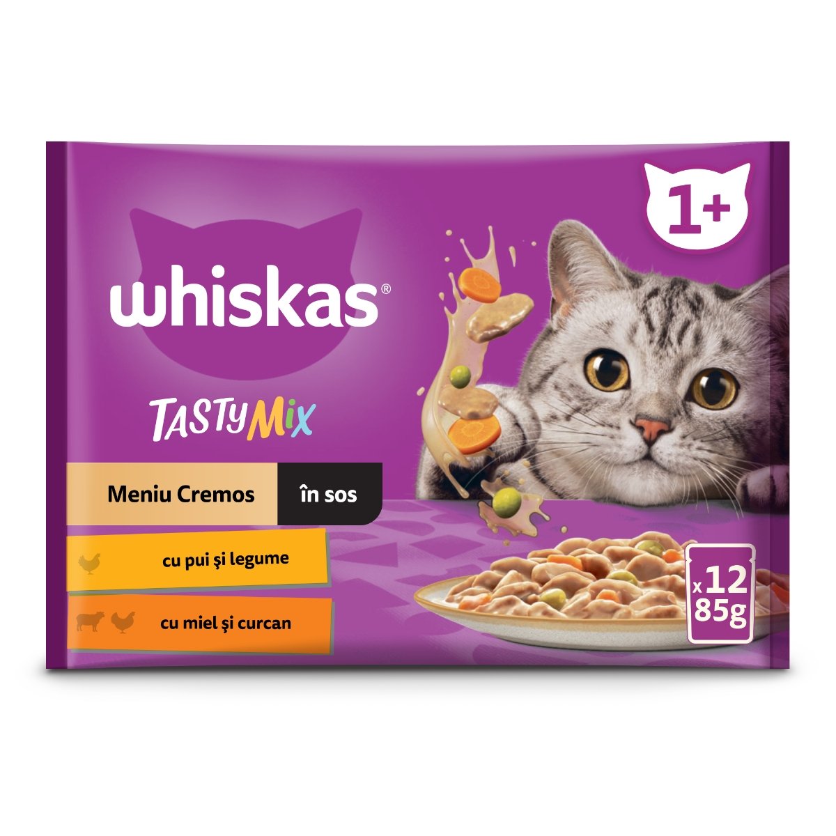 WHISKAS Tasty Mix Creamy Creations, Pui și Legume, Miel și Curcan, plic hrană umedă pisici, (în sos), multipack, 85g x 12 - 1 | YEO