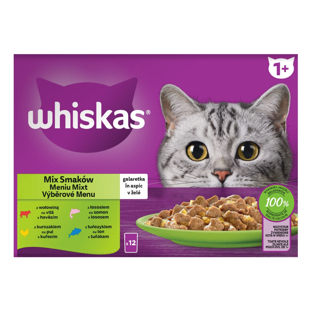 WHISKAS Selectii Mixte, Vită, Pui, Somon și Ton, hrană umedă pisici, (în aspic), multipack WHISKAS Selectii Mixte, Vită, Pui, Somon și Ton, plic hrană umedă pisici, (în aspic), multipack, 85g x 12