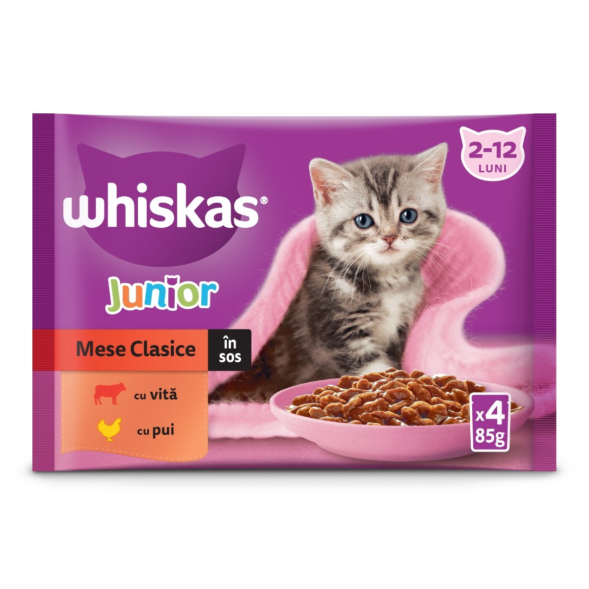 WHISKAS Junior Selectii Clasice, Vită și Pui, plic hrană umedă pisici junior, (în aspic), multipack, 85g x 4 - 1 | YEO