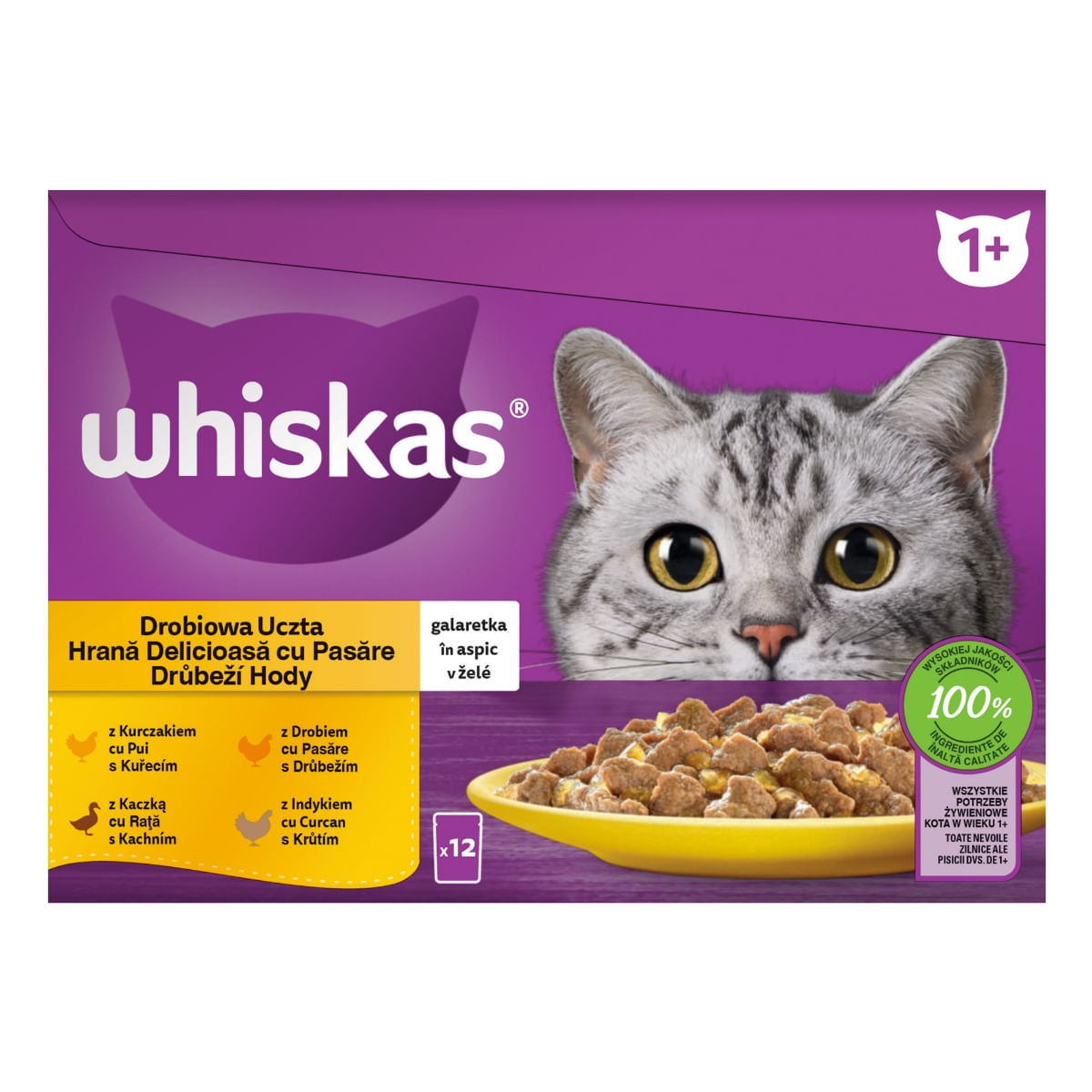 WHISKAS Selectii, Pasăre, hrană umedă pisici, (în aspic), multipack WHISKAS Selectii, Pasăre, plic hrană umedă pisici, (în aspic), multipack, 85g x 12 - 1 | YEO